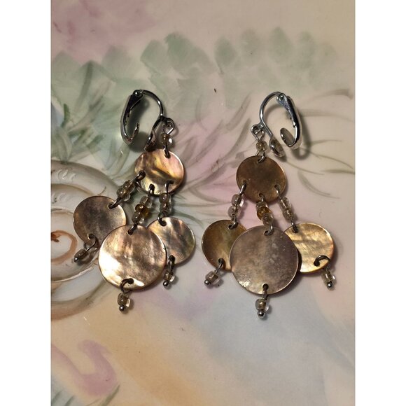 Handmade Dangle Earrings With Mother-Of-Pearl Discs & Beads - Picture 1 of 2